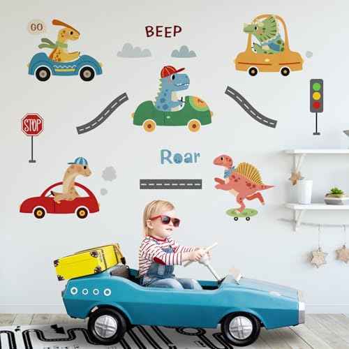 Yovkky Dinosaur Car Beep Wall Decals Stickers, Dino Roar Vehicle Transportation Toddlers Baby Nursery Decor, Traffic Sign Home Decorations Boys Kids Bedroom Playroom Art