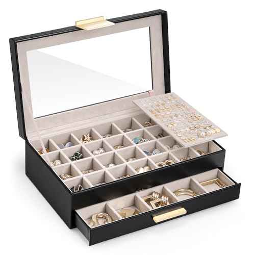 Lolalet Earring Storage Box Case, Large Earring Jewelry Holder Organizer for Women, Glass Top Display, with Drawer and Grid -2 Tiers£¬Black