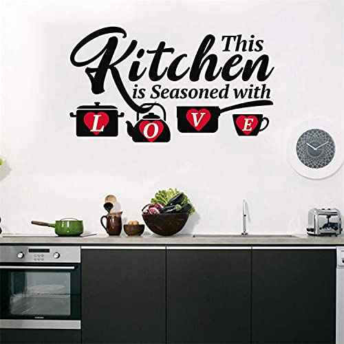Kitchen Funny Quotes Wall Decals, This Kitchen is Seasoned with Love Family Love Words Red Hart Wall Decor for Dining Room Kitchenware Decoration Vinyl Wall Sticker for Restaurant Cafe