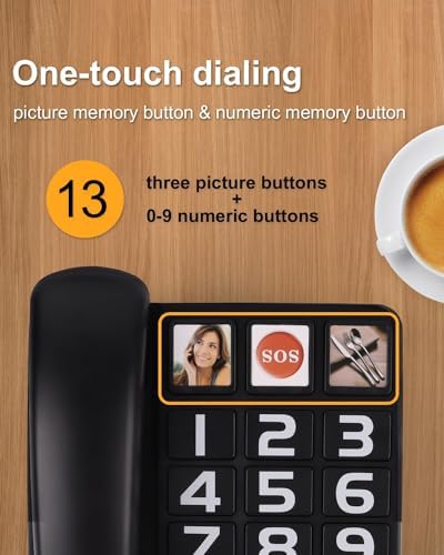 Big Button Phone for Seniors, Landline Telephone for Home with Picture, Durable Hand-Free Phone with LED Call Alert, Adjustable Volume and 3 One-Touch Dialing for Elderly, Black