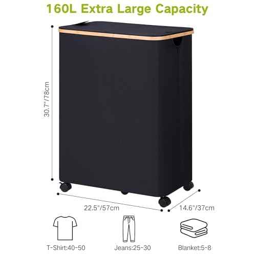efluky Double Laundry Hamper with Wheels, Divided Laundry Hamper with Removable Bags, 2 Section Dirty Clothes Basket with Handles for Bathroom, Bedroom & Laundry Room, 160L Dark Black