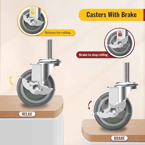 HOLKIE Caster Wheels 3 inch Locking Casters Set of 12, Threaded Stem 3/8" -16 x 1-1/2" (Diameter 3/8", Length 1-1/2") Swivel Heavy Duty Castors Gray