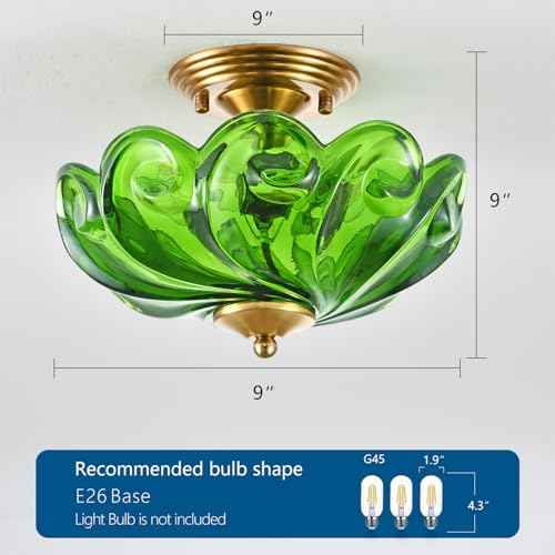 HuixuTe Modern Semi Flush Mount Ceiling Light, 3-Light Gold Close to Ceiling Light Fixture with Green Glass Shade for Living Room Entryway Bedroom