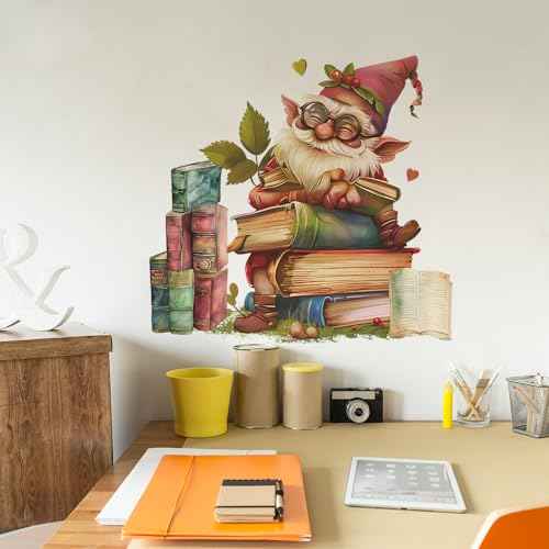 Gnome Reading Wall Decals Books Reading Wall Stickers Peel and Stick Wall Art Decals for Kids Room Classroom Nursery Bedroom Playroom Decor (Style1)