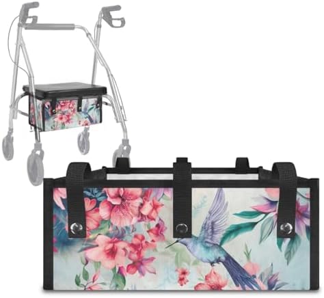 LedBack Mobility Scooter Accessories for 3 Pcs, Hummingbird Pink Flowers Rollator Walker Seat and Backrest Covers Under Seat Rollator Walker Bag for Seniors