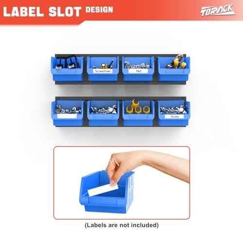 TORACK Wall-Mounted Storage Bins - 8 Plastic Bins & 2 Metal Tracks for Tools Organization in Garage, Craft Room, and Shop(Blue)