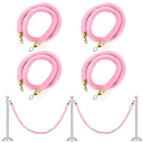 Okllen 4 Pack Velvet Stanchion Rope Pink, 5 Ft Crowd Control Ropes Safety Barriers with Polished Gold Clasps, Hanging VIP Rope for Red Pink Carpet Theme Event and Party Events Decor