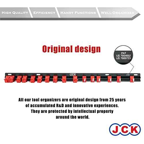 JCK Professional Multi-Purpose Gardening Tool Organizer, Adjustable Red Clips Black Aluminum Rack, Garden Tool Organizer Wall Mount Garage Organizers and Storage with Hooks Tool Hangers for Shed