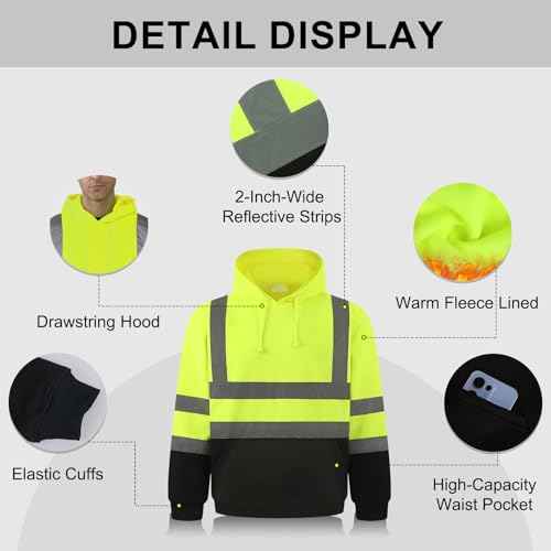 HYCOPROT High Visibility Sweatshirt ANSI Class 3 Reflective Safety Hoodie Hi Vis Hooded Pullover with Black Bottom¡¦