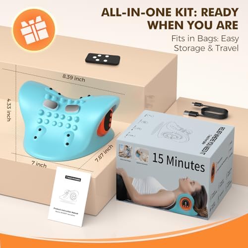 Portable Neck Traction Device, Cervical Stretcher with Heating & Vibration – Relieve Muscle Tension, 3-in-1neck pillow Customizable Massage Modes with Wireless Remote Control Ergonomic Design