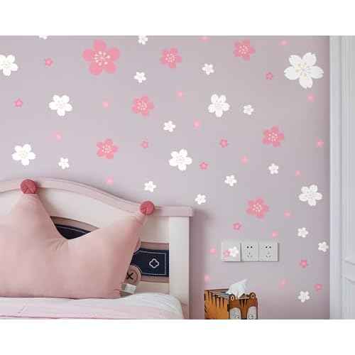 FLFK 55 Pcs Cherry Blossoms Wall Decals Peel and Stick Flower Wall Stickers for Nursery Living Room Bedroom Girls Room Home Decor