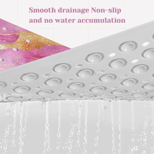 Marble Bath Tub Mat Non Slip, Pink Marble Non Slip Bath Mat for Shower, Large Washable Shower mats for Showers with Drain Holes and Suction Cups,40 X 16 Inch