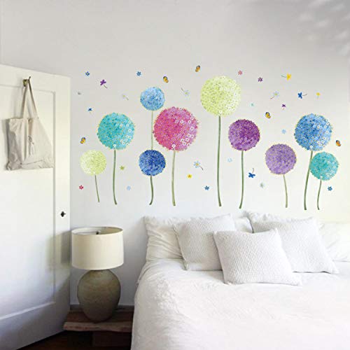 Runtoo Flower Wall Decals Colorful Dandelion Allium Wall Stickers Baseboard Butterfly Living Room Bedroom Wall Decor