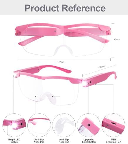 OKH 200% Magnifying Glass with Light, Rechargeable Lighted Magnifying Glass, Jewelry Magnifier with 2 LED Lights, Pink Magnifying Glasses for Close Work Reading Crafts Jewelry