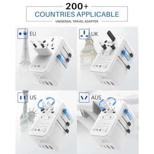 DOACE Universal Travel Adapter, 100W GaN 3.0 International Power Adapter with Built-in USB-C Cable, 6 in 1 Travel Adapter with 5 USB Ports, Plug Adapter Worldwide for EU/UK/USA/AUS(White)