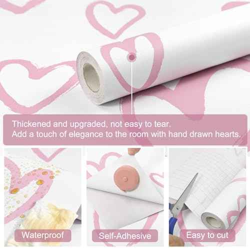 SOON AFTER White and Pink Contact Paper Heart Wallpaper Peel and Stick Wallpaper Modern Removable Self Adhesive Waterproof Wall Paper for Bedroom Kids Room Nurseryls 17.3"x120"