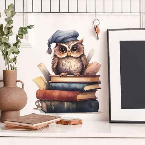 Reading Corner Wall Decals Owl Reading Books Wall Stickers Removable Peel and Stick Wall Art Decals for Reading Room Kids Room Playroom Classroom School Library Decor (B)