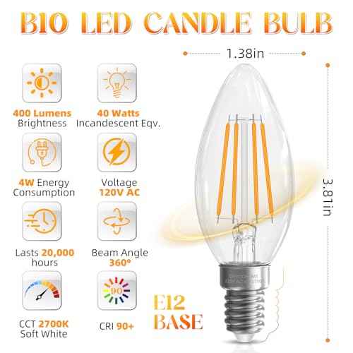 Candelabra Light Bulbs 40 watt Equivalent, E12 LED Bulb Non-Dimmable Chandelier Light Bulb, B10 LED Candle Bulb 2700K Soft White, 90+CRI, 400LM, Cear Glass, 24 Pack