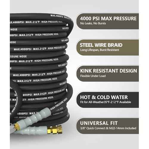 Pressure Washer Hose 50FT 4000 PSI, Kink Resistant Steel Braided Layer & NonMarking Rubber for Hot/Cold Water, High Power Washer Hose With 3/8 Inch Quick Connect & M22 Fitting, Black