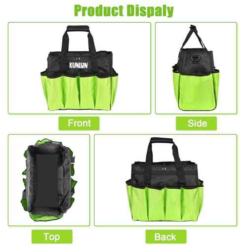 KUNLUN Gardening Tote Bag, Garden Tool Bag with 14 Pockets & Elastic Belt, Heavy Duty Standable Garden Tote Storage Bag with Long Adjustable Shoulder Strap for Indoor and Outdoor Use