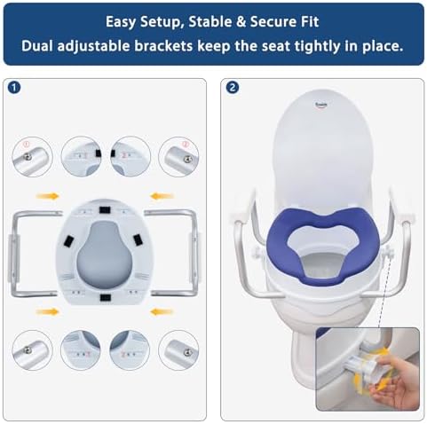 Raised Toilet Seat Risers for Seniors, Padded Elevated Toilet Seat with Handles, 5 Inch Height, Support to 300 LBS, White, Blue