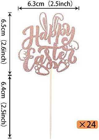 24 Pack Happy Easter Cupcake Toppers with Gold Glitter Rabbit Ear Cupcake Food Picks Bunny Paw Cake Decorations for Happy Easter Themed Baby Shower Kids Birthday Party Supplies Rose Gold