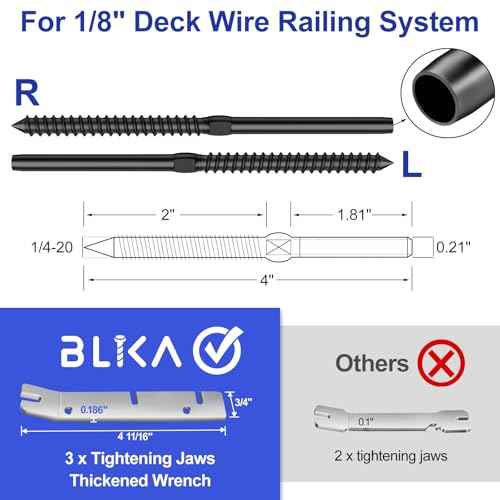 BLIKA 80 Pack T316 Stainless Steel Black Right&Left Handed Thread Swage Lag Screws for Wood Posts of 1/8" Deck Cable Railing Kit, Wire Railing Kit for Decks with Wrench, DIY Wood Baluster