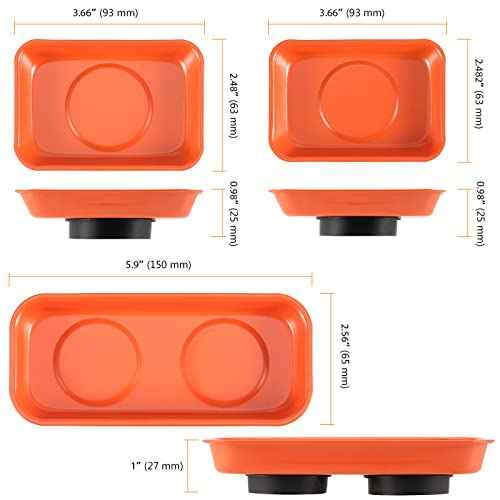 SEUNMUK 8 Pack Orange Magnetic Parts Tray Set, Stainless Steel Rectangle Magnetic Tray Holder for Socket Screw, Nuts, Bolts, Metal Parts, 11.4 x 10 Inch, 5.9 x 2.6 Inch and 3.7 x 2.5 Inch