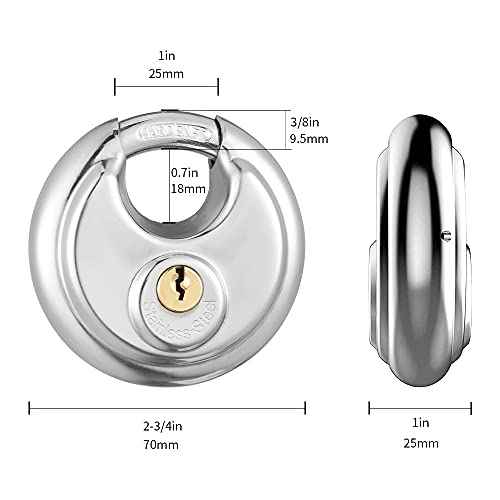 Discus Padlock with Key, 6 Pack Stainless Steel Storage Lock with 2-3/4 in. Wide, 3/8 in. Diameter Shackle, Heav Duty Disc Lock for Storage Unit, Sheds, Garages and Fence