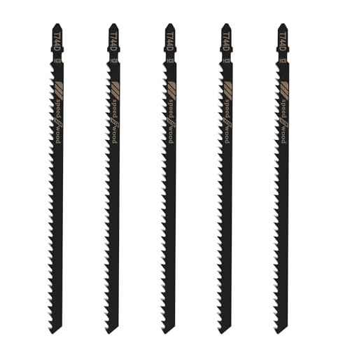 T-Shank Jigsaw Blades for Wood Contractor Assorted 7Inch Jig Saw Blades Set 5Pcs T744D T Shank Jig Saw Blades for Quick Cutting Wood, Hardwood, Plywood, Plastic, Metal, Black