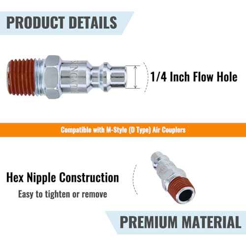 SUNGATOR 1/4 Inch Male Air Plugs, 10-Pack NPT Industrial Iron Air Hose Fittings with 1/4'' Flow Hole, Quick Connect Gas Line Fittings with Pre-Coated Sealant, M Style Plugs Kit