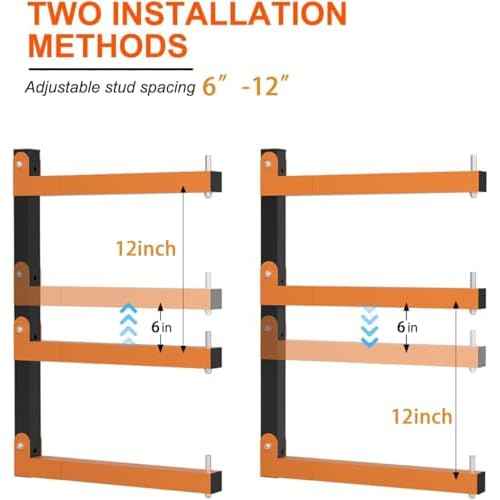 Lumber Rack Heavy Duty Wood Racks Wall Mount Folding Lumber Storage Racks with 3-Level Holds Up 360 LBS Sturdy Folding Garage Wood Organizer Orange Shelving Metal Shelf for Indoor & Outdoor- 2 Pack