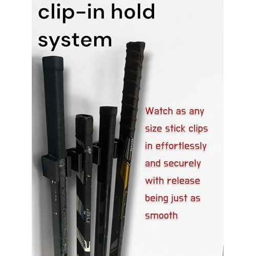 ? 3D Printed Wall Mount Hockey Stick Holder with Clip-in Hold System | Heavy-Duty No-Drill Adhesive Mount | Fits 7 Sticks (Senior, Intermediate, Junior, Youth) | USA-Made