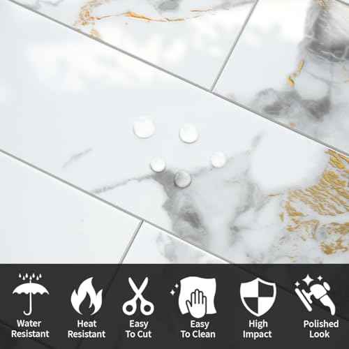 AULIGET 40-Piece Polished White Marble with Gold Peel and Stick Backsplash Wall Tiles, 3" x 12" PVC Faux Stone Stick on Tiles for Backsplash Kitchen, Bathroom, Laundry Room, Camper, Fireplace