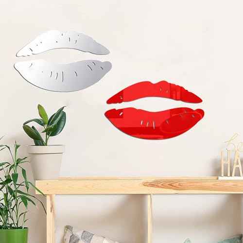 4 Sets 3D Large Lips Mirror Wall Stickers, Kiss Shape Wall Art Decals, Acrylic DIY Self-Adhesive Wallpaper Murals for Bedroom, Living Room, Bathroom Home Decor (2 Pcs Silver and 2 Pcs Red)