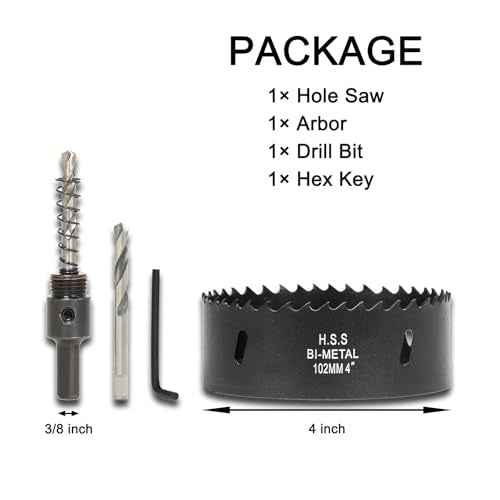 4 Inch Hole Saw with Arbor for Wood Metal Plastic, 4 in Bimetal Hole Cutter, Fast Chip Removal, Smooth Flat Drilling Edge, Lightweight & Portable (Black)