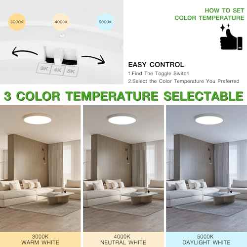 6Pack 12Inch LED Flush Mount Ceiling Light Fixture,24W 2400LM,Dimmable CCT 3000K/4000K/5000K,Round Flat Panel Light for Bedroom,0.7Inch Thin Modern Low Profile Ceiling Lights for Hallway,Porch