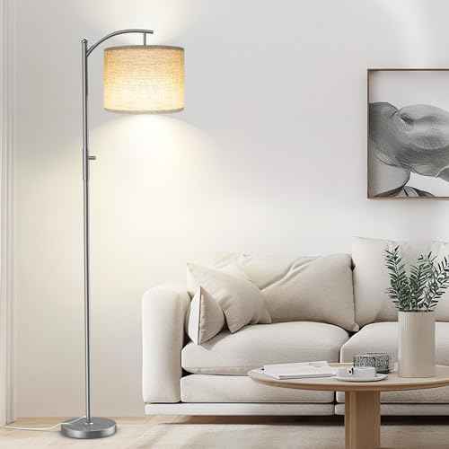 Dimmable Floor Lamp, Arc Floor Lamps for Living Room, Stepless Dimming Modern Standing Lamp with Linen Shade, Tall Lamp for Bedroom Office Dining Room- Silver
