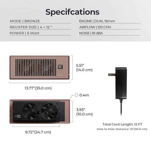 Quiet Register Booster Fan Fits 4" x 12" Register Holes, 10-Speed Smart Heating Cooling AC Vent Fan with Remote Control and Thermostat Control - Bronze