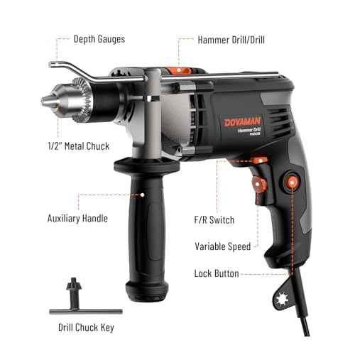 DOVAMAN PHD03B 7.5A Corded Hammer Drill, 1/2'' Impact Drill with Variable Speed 0?3000RPM, Metal Chuck, 2 Modes for Concrete, Wood, Metal ? Includes Bits & Carrying Case