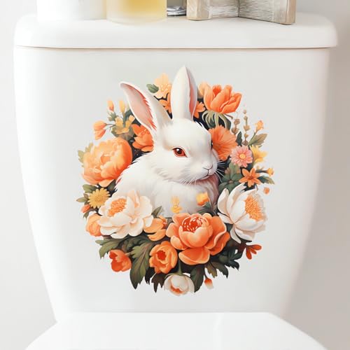 4 Sheets Cute Bunny Flower Butterfly Toilet Stickers, sacinora Rabbit Toilet Lid Decals Removable Vinyl Peel and Stick Wall Stickers for Bathroom Restroom WC Bathtubs Door Furniture Home Decorations