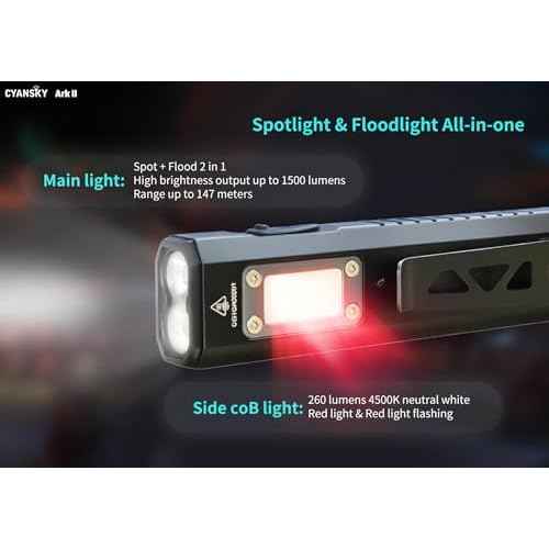 CYANSKY Ark II EDC Flat Flashlight, 1500 Lumen White Light LED Light, Powered by Rechargeable Internal Battery, for Outdoors, Emergencies, Work (Black)
