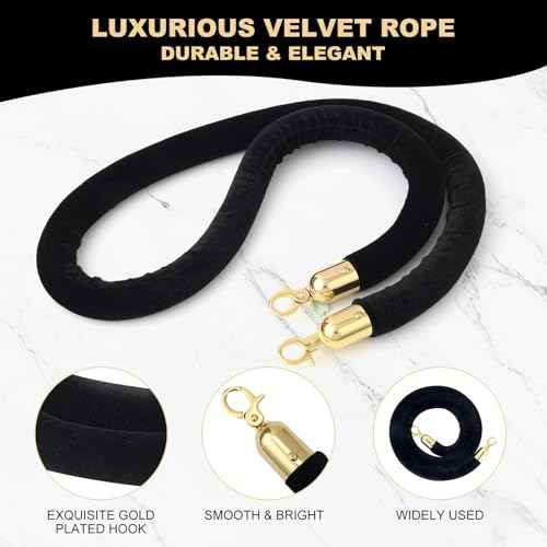 6 Pack Velvet Rope, 5 Feet Black Velvet Stanchion Rope with Gold Polished Hooks, Crowd Control Queue Line Barrier Rope Hanging Ropes for Hotels, Movie Theaters, Grand Openings, Carpet Event
