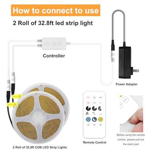 65.6ft COB LED Strip Light Warm White, High Bright LED Strips with 320LEDs, RF Remote and UL Power Supply, 3000K Dimmable LED Lights for Bedroom,Kitchen, DIY Home Decoration, 2 Rolls of 32.8ft