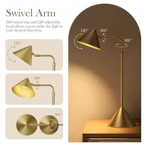 Metal Desk Lamp, 3000k Soft Light Modern Desk Lamp with Dimmer Switch, Adjustable Lighting with Swivel Arm Reading Lamp for Bedside Table, Office Desk, Task Light, Living Room(Gold)