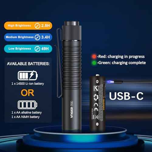 VTIGER T1A Mini Pocket EDC Flashlight with Clip,1300 Lumen Compact AA Rechargeable LED Little Flashlights, Super Bright Tail Switch Small Flash Light with Magnet for Camping,Hiking,Outdoor,Emergency