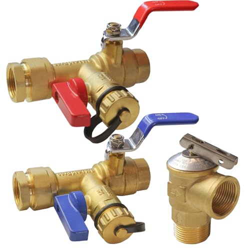 Xiny Tool 3/4-Inch IPS Isolator Tankless Water Heater Service Valve Kit with Pressure Relief Valve, Clean Brass