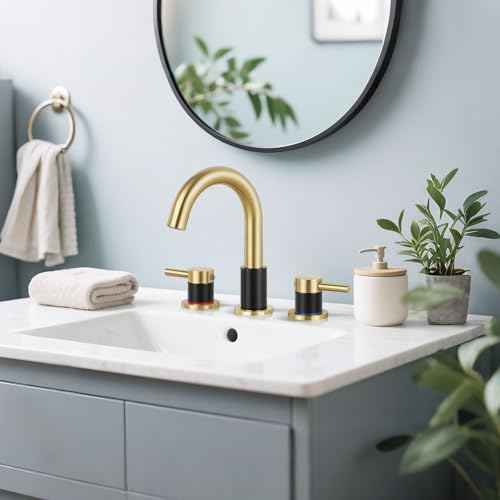Bathroom Faucet 3 Hole, Brushed Gold and Black Bathroom Sink Faucet with Pop Up Drain, 8 inch Widespread Bathroom Faucet with 360¡Æ Swivel Spout, 2 Handle Vanity Faucet with Water Supply Hoses