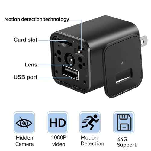 Charger Camera - 1080P Small Camera with Motion Detection - Nanny Cam for Home Indoor Security - 64GB Micro SD Card Included-No WiFi