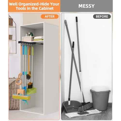 Pull Out Broom Holder With Adjustable Double Row Sliding Hook, Multifunctional Slide Broom And Mop Storage/Organizer Garage Organization Hooks, for Closet Laundry Garage Cupboard Kitchen